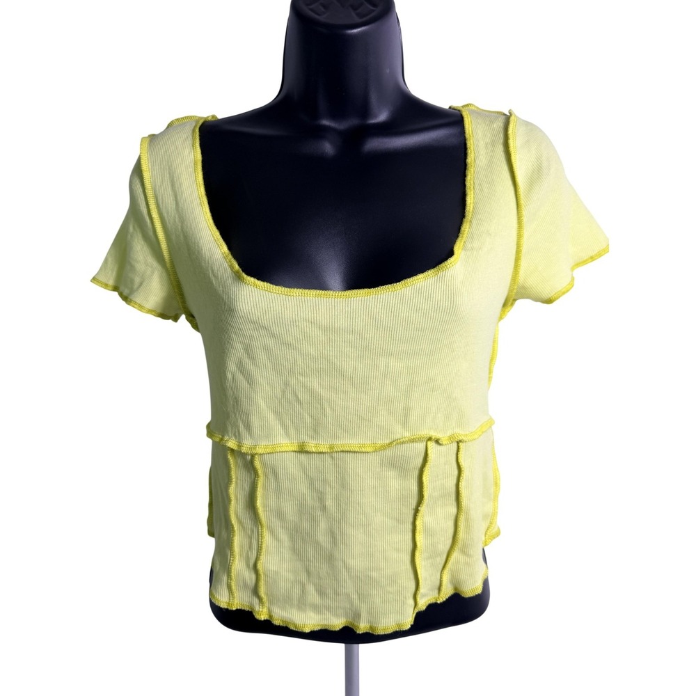 Urban Outfitters Shirt Womens Large Green Square Neck Lettuce Hem Cropped Tee
